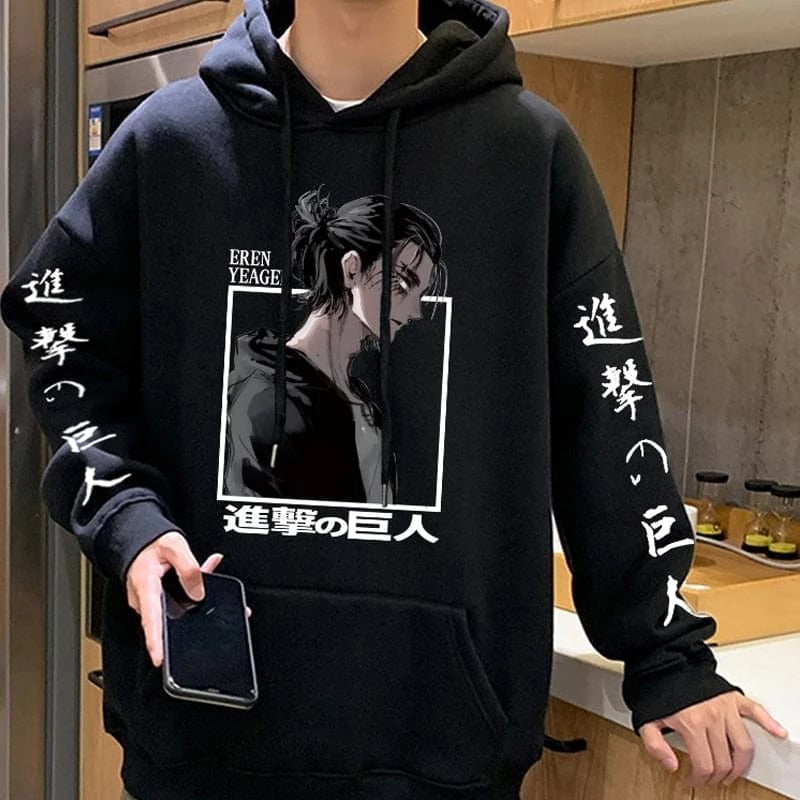 Attack on Titan Hoodies Eren Yeager Anime Print Hoodie Long Sleeve Loose Hip Hop Sweatshirt Men Streetwear Oversized Hoody Tops