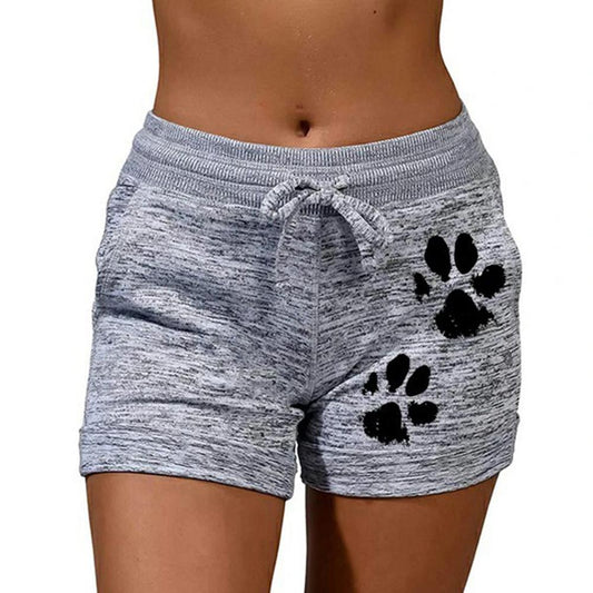 Casual Shorts Women High Waist Cats Claw Print Drawstring Quick Dry Elastic Sports Shorts Gym