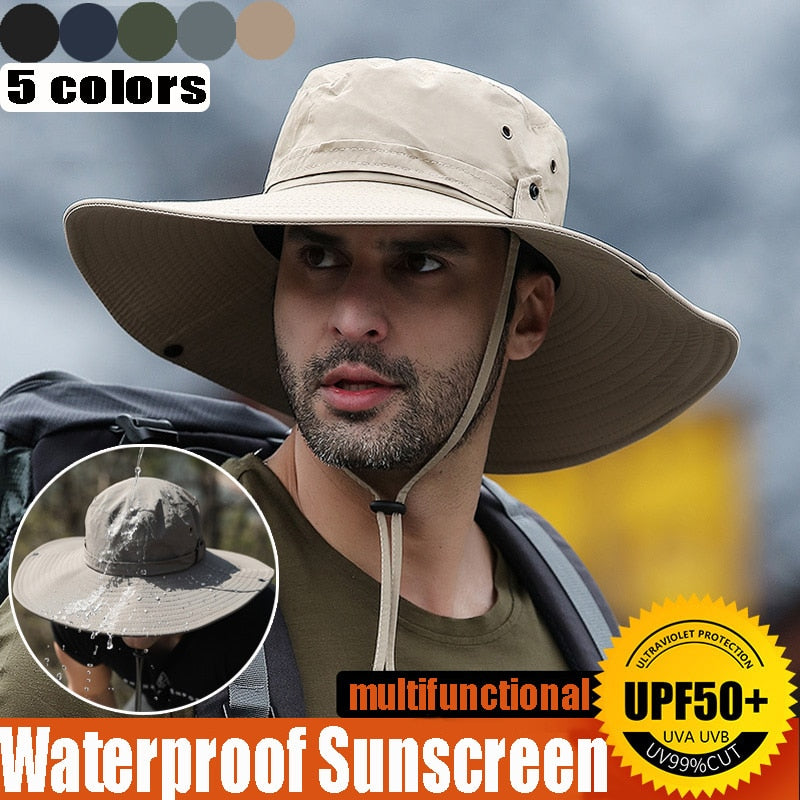 Drawstring Sun Hats Dual Purpose Summer Sunscreen Wide Brim Visor Caps Men Outdoors Fishing Travel Waterproof Mountaineering Hat