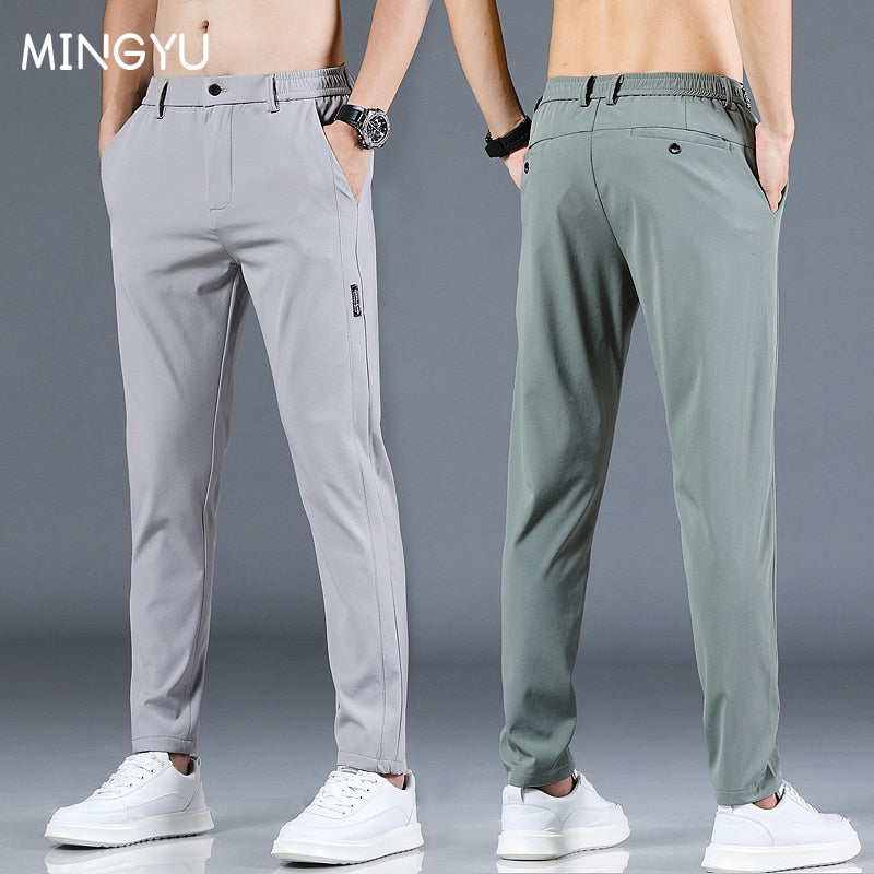 Mingyu Brand Summer Men&#39;s Casual Pants Men Trousers Male Pant Slim Fit Work Elastic Waist Black Green Grey Light Trousers 28-38