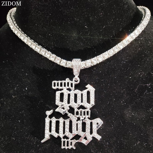 Men Women Hip Hop Only God Can Judge Me Pendant Necklace with 4mm Tennis Chain Iced out Bling Hiphop Necklaces Fashion Jewelry