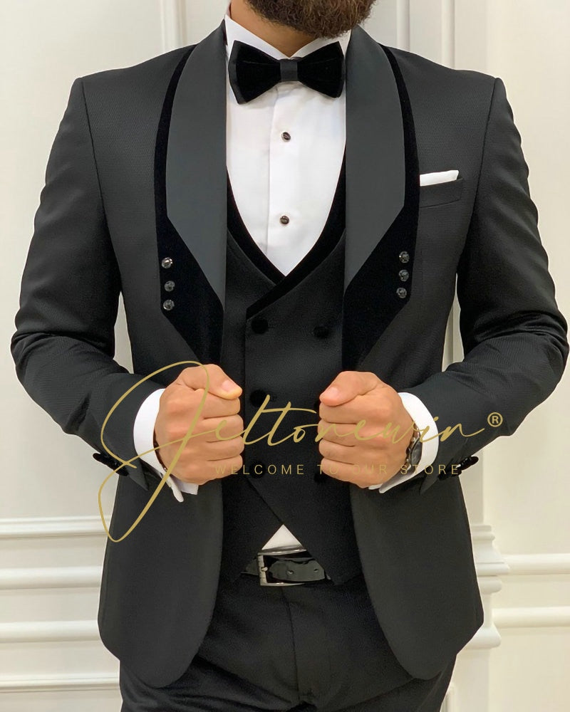 Costume Homme Mariage Formal Fashion Black Slim Fit Suits For Men 3 Piece Groom Wedding Suit Tuxedo  Latest Coat Pant Design