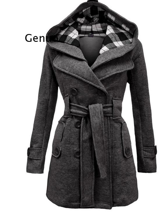 Autumn Elegant Vintage Office Lady Women Overcoats Slim Plain Belt Girls Winter Gray Female Coats hooded double-breasted 2XL 3XL