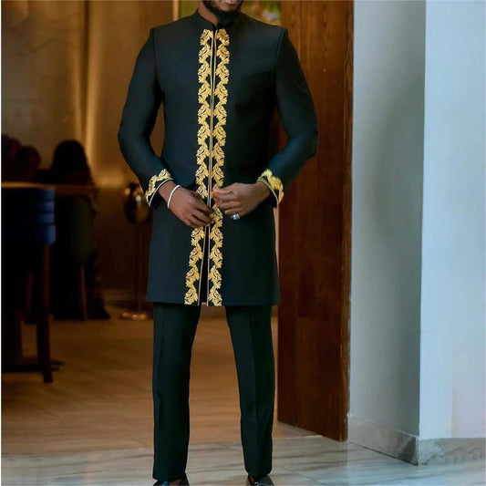 Men's 2-Piece Suit Set - Solid Color Round Neck Embroidery Long Sleeve Top and Trousers, Perfect for Wedding and Ethnic Inspired Style