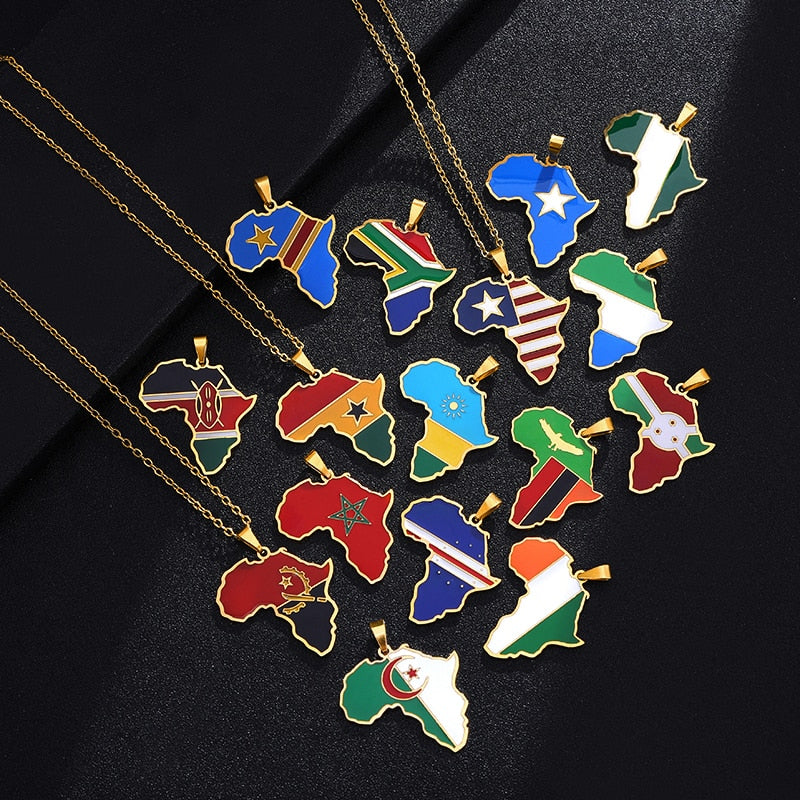 Africa Map Flag Pendant Necklace Gold Color Stainless Steel Ghana Nigeria Congo Somalia Angola Liberia African Jewelry Gift