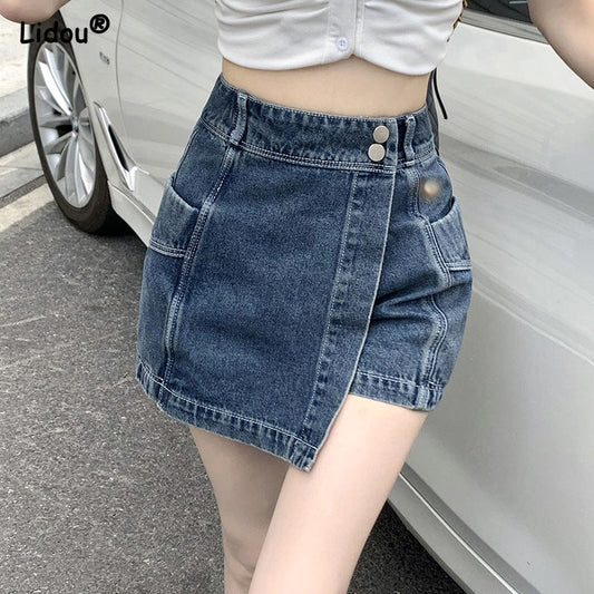 Button Pockets Patchwork Asymmetrical Zipper Solid Color Shorts Women's Clothing Fashion Loose Streetwear Summer Thin High Waist