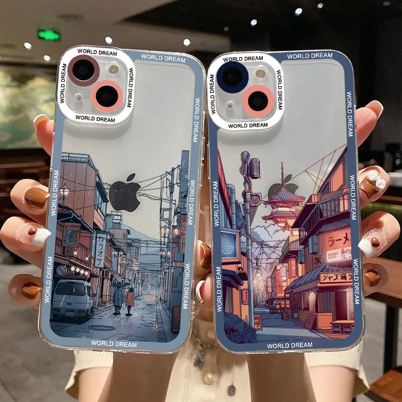 Japanese Anime Hand Painted House scenery Clear Phone Case For iPhone 13 14 12 11 Pro Max X XR XS 7 8Plus SE2 Transparent Cover