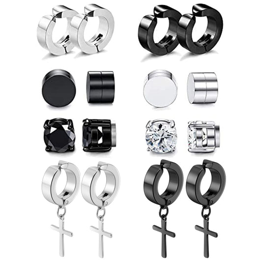 8-Pair Black Earring Set - Stainless Steel, Magnetic, Unisex