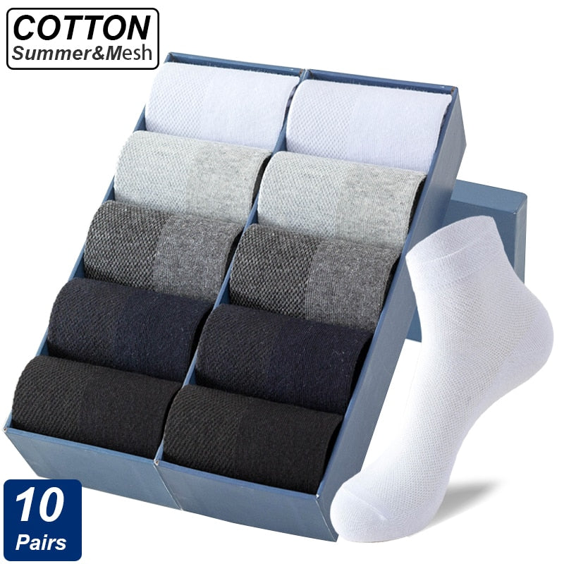 10Pairs Men Mesh Socks Organic Cotton Breathable Black White Business Sock Casual Athletic Spring Summer for Male Size EUR38-45