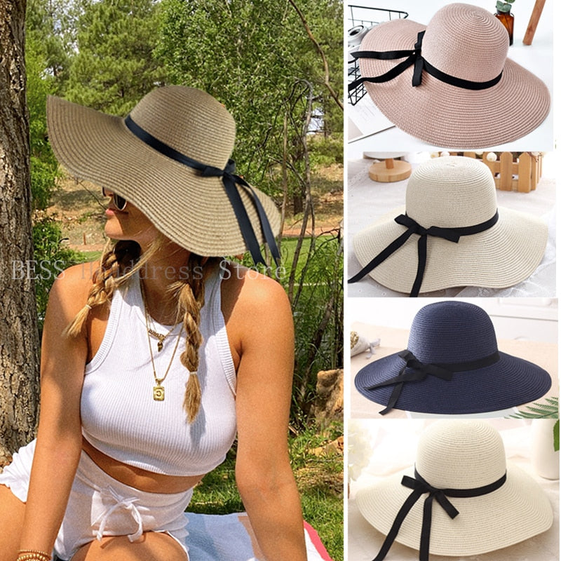 New Simple Foldable Wide Brim Floppy Girls Straw Hat Sun Hat Beach Women Summer Hat UV Protect Travel Cap Lady Cap Female