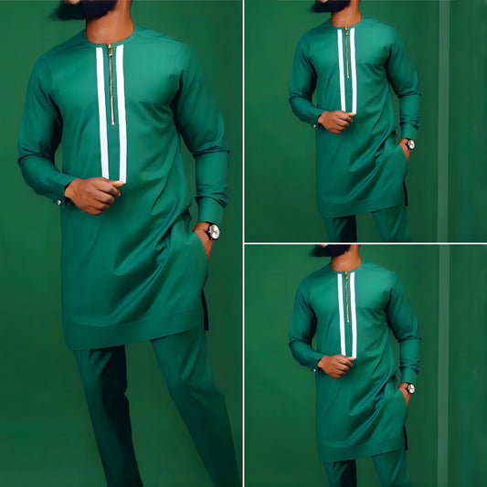 African Men's Clothing Set - Personality Zipper Top and Pants Suit in Comfortable Casual Slim-Fit Design, Perfect for Play, Banquets, Sports, and Celebrations. Experience the Vibrant Green Suit with African Ethnic Style.