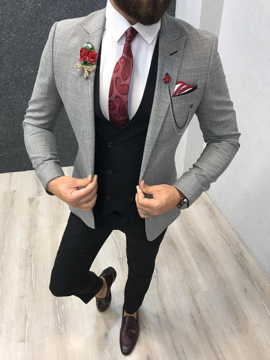 Men's Suit Formal Business Slim Fit 3-Pieces Light Grey Blazers Black Vest Pant Men's Tuxedo Wedding Men Suits Groom Suit